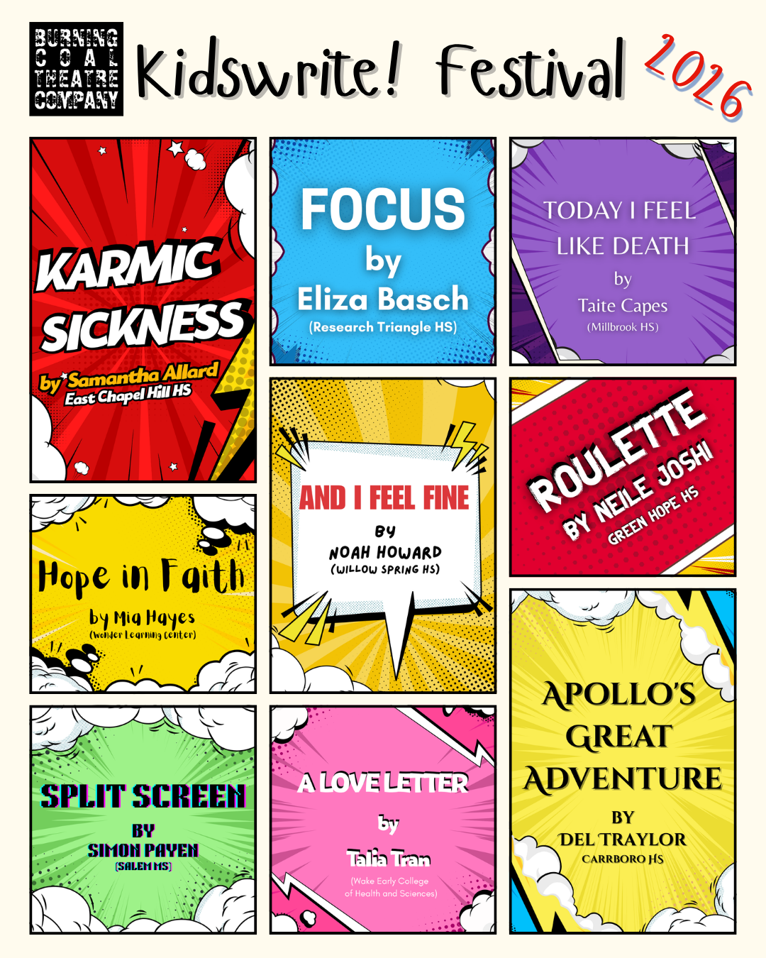 2026 Kidswrite Festival Poster with play names, playwright names, and schools.